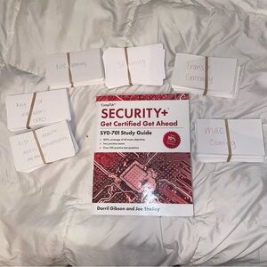CompTIA Security+ Sys 701 exam prep book and notecards pre-loved
